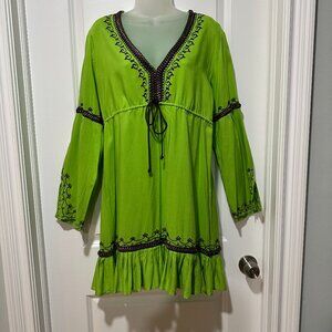 Moda International Lime Green w/Brown Trim Long Sleeve Flutter Dress, Size L